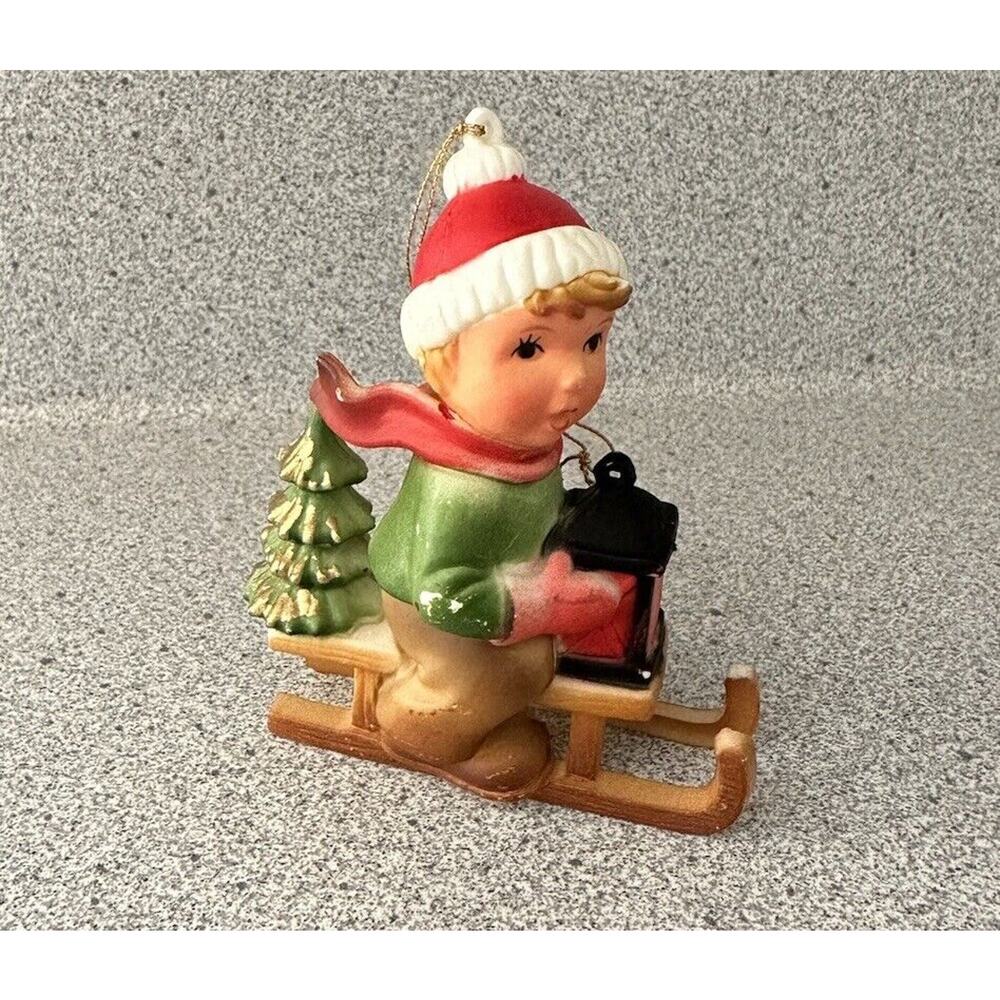 Vintage Kurt Adler Hard Plastic Christmas Ornament Sled Lantern Boy Toboggan Hat